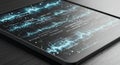 A digital tablet displays an abstract visualization of data and algorithms, featuring blue Royalty Free Stock Photo