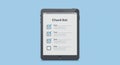 A digital tablet displays a checklist on a blue background. The screen shows the Royalty Free Stock Photo