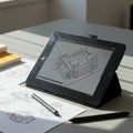 A digital tablet displays a 3D model of a mechanical object, likely in a design software interface