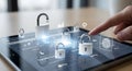 Finger touches digital tablet displaying security locks and fingerprint authentication icon Royalty Free Stock Photo