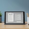 A digital tablet displays a task list with checkmarks beside completed items. The Royalty Free Stock Photo