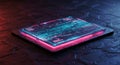 A digital tablet featuring a glowing display with lines of code or data in bright cyan and Royalty Free Stock Photo
