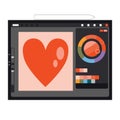 Digital tablet, graphic editor interface with drawing, palette and color wheel, cartoon style. Art supplies. Trendy