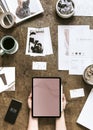 Digital tablet on a grunge table aerial view Royalty Free Stock Photo