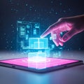 Digital tablet with hand touching hologram background Royalty Free Stock Photo