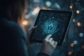 Cyber Security Concept Glowing Digital Lock Icon on a Tablet Screen Displaying Binary Code with Abstract Network Connections Royalty Free Stock Photo