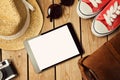 Digital tablet mock up template with hipster fashion objects. Flat lay