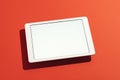 Digital tablet mockup on red background, floating, high angle view
