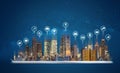 Digital tablet with modern buildings hologram and technology icons. Smart city, internet and networking smart technology