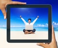 Digital Tablet Photo Businessman Beach Working Concept