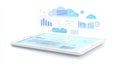 Digital tablet displaying cloud dashboard with floating graphics and data visualizations, showcasing modern technology and Royalty Free Stock Photo