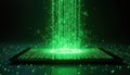 Digital tablet shows glowing green data streams. Visualizes modern tech processes. Illustration represents information flow Royalty Free Stock Photo