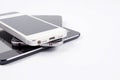 Digital tablet and smart phone on white background. Electronic devices Royalty Free Stock Photo