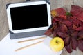 Digital tablet with some pencils and apple Royalty Free Stock Photo