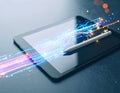 Digital Tablet with Stylus and Abstract Technology Overlay Royalty Free Stock Photo