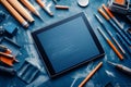 Digital Tablet Surrounded by Various Artistic Tools on a Blue Workspace Royalty Free Stock Photo