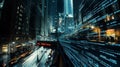 A digital tapestry of blue matrix code flows dramatically through an urban landscape at night