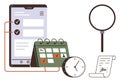 Digital task management with checklist, calendar, clock, magnifying glass, and signed document Royalty Free Stock Photo