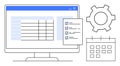 Digital task management featuring checklist, calendar, gear, and spreadsheet on a computer screen Royalty Free Stock Photo