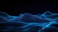 Digital tech visualization of terrain mapping. Abstract representation of mountains, valleys. Radar data visualized as network of