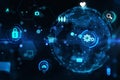 Digital technology background with neon blue cyberspace elements and globe, concept of global tech network. Royalty Free Stock Photo