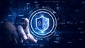 digital technology concept cyber security data protection internet network connection. Man accessing a computer device with a