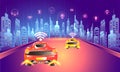 Digital technology concept, urban lanscape with autonomous vehicle on road with multiple smart services app. Futuristic design.