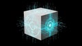 Digital technology cube glowing with bright cyan circuits and streams of abstract binary data information against a completely Royalty Free Stock Photo