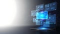 Digital Technology Data Analytics. Laptop with Holographic UI Screens. Secure Business Software System with Copy Space. Royalty Free Stock Photo