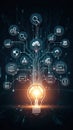 Digital technology and data visualization concept with light bulb and icons Royalty Free Stock Photo