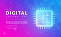 Digital technology electronic chip banner pink blue background concept with technology, microprocessor computer electric future