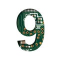 Digital technology font. Digit nine, 9 cut out of white on the printed digital circuit board with microprocessors and