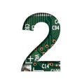 Digital technology font. Digit two, 2 cut out of white on the printed digital circuit board with microprocessors and Royalty Free Stock Photo