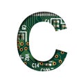 Digital technology font. The letter C cut out of white on the printed digital circuit board with microprocessors and Royalty Free Stock Photo