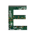 Digital technology font. The letter E cut out of white on the printed digital circuit board with microprocessors and Royalty Free Stock Photo