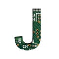 Digital technology font. The letter J cut out of white on the printed digital circuit board with microprocessors and Royalty Free Stock Photo