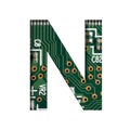 Digital technology font. The letter N cut out of white on the printed digital circuit board with microprocessors and Royalty Free Stock Photo