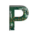 Digital technology font. The letter P cut out of white on the printed digital circuit board with microprocessors and Royalty Free Stock Photo