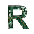 Digital technology font. The letter R cut out of white on the printed digital circuit board with microprocessors and Royalty Free Stock Photo