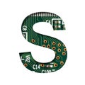 Digital technology font. The letter S cut out of white on the printed digital circuit board with microprocessors and Royalty Free Stock Photo