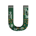 Digital technology font. The letter U cut out of white on the printed digital circuit board with microprocessors and Royalty Free Stock Photo