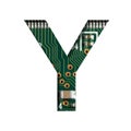 Digital technology font. The letter Y cut out of white on the printed digital circuit board with microprocessors and Royalty Free Stock Photo