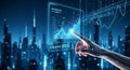 Digital Technology Infographic with Hand Interacting and Binary Code Overlaying Urban Skyline Showing Business Growth and Future Royalty Free Stock Photo