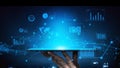 Digital Technology Interface Displaying Data Analytics and Graphs on Tablet with Futuristic Blue Glow and Connecting Royalty Free Stock Photo