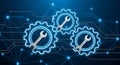Digital technology interface with gears and wrenches symbolizing engineering and industrial maintenance services online support Royalty Free Stock Photo
