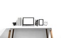 Digital technology Laptop with blank screen and book,picture frame,cup coffee, clock on white table of wood ,Home interior or Royalty Free Stock Photo