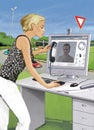 Digital telephony. The girl climbs a young man on a video connection from a stationary computer. Workplace office space against a