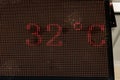 Digital temperature display showing 32 degrees celsius with red led lights
