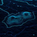 A digital terrain visualization with glowing blue contour lines against a dark Royalty Free Stock Photo