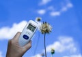 Digital thermometer against grass flower and beautiful blue sky background.